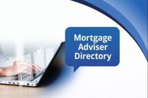 Banner image showing a person typing on a laptop on the left, with translucent checklist icons floating above the keyboard. The right side features a smooth white-to-blue curved transition in Connect Mortgages brand colours, filling the full height. A blue speech bubble contains the title “Mortgage Adviser Directory”.