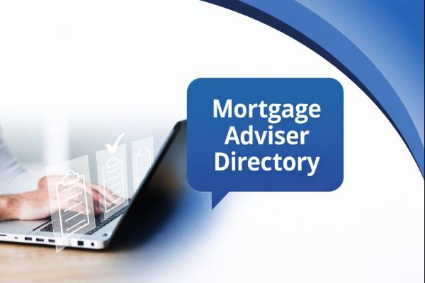Banner image showing a person typing on a laptop on the left, with translucent checklist icons floating above the keyboard. The right side features a smooth white-to-blue curved transition in Connect Mortgages brand colours, filling the full height. A blue speech bubble contains the title “Mortgage Adviser Directory”.