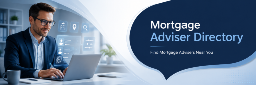 Mortgage Adviser Directory banner showing a professional using a laptop with search, profile, location and filter icons, alongside the heading Mortgage Adviser Directory.