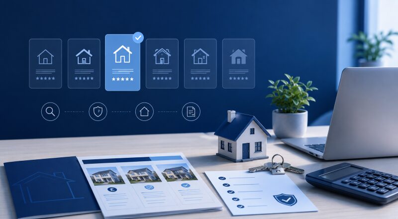 Whole-of-Market Mortgage Brokers comparison workspace with lender options, model home, keys, calculator and mortgage paperwork.