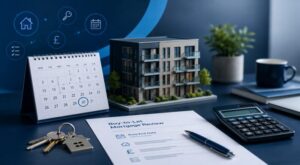 Buy-to-Let Mortgage Rate Ending? Calendar, rental property model, keys and mortgage review documents.