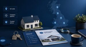 UK Mortgage Brokers comparison concept with a house model, keys, mortgage checklist and UK map showing adviser locations.