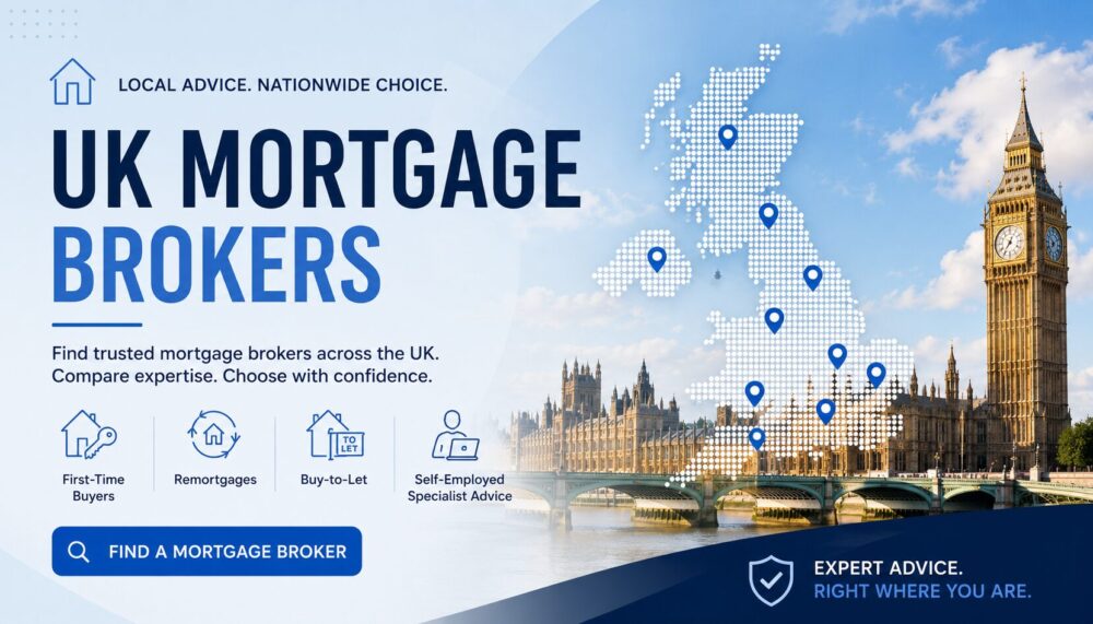 UK Mortgage Brokers hero image showing a UK map with location pins, London skyline, and mortgage advice icons for first-time buyers, remortgages, buy-to-let and self-employed clients.
