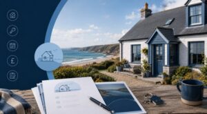 Holiday Let Mortgages UK with a coastal holiday cottage, property keys and mortgage paperwork.