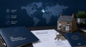 Buy-to-Let Mortgages for Non-UK Residents with UK rental property documents, keys, a model house and international investment imagery.