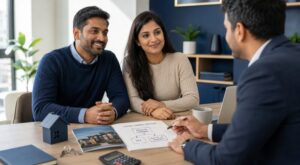 Indian couple discussing Buy-to-Let Through a Limited Company options with a mortgage adviser.
