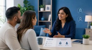Find a mortgage adviser by gender during a professional consultation with a couple and a female mortgage adviser.