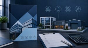 Understanding Commercial Mortgages in the UK with commercial office, retail and industrial property models, finance documents, calculator and mortgage icons.