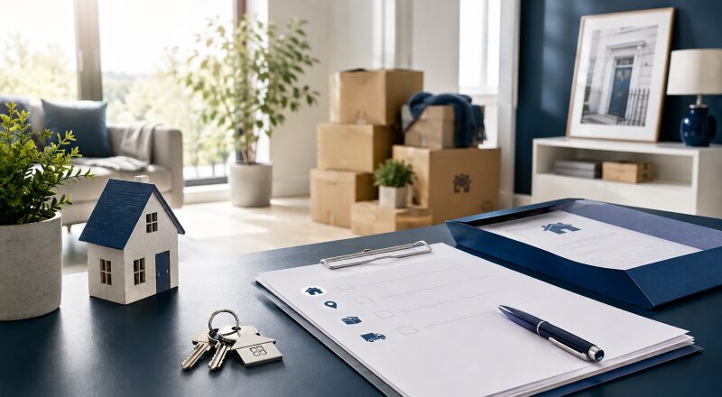 Mortgage When Moving Home with house keys, moving boxes and a property checklist.