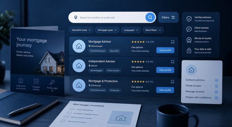 UK Mortgage Broker Directory search showing adviser filters, verified profiles, reviews and mortgage comparison options.