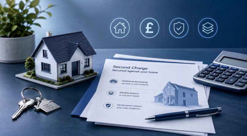 Understanding Second Charge Mortgages with a model home, property keys, calculator and secured finance documents.