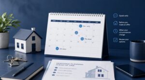 When Should I Speak to a Mortgage Adviser? Calendar, house model and keys representing early mortgage planning and advice.