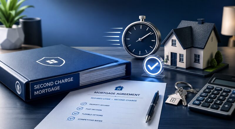 Fast Second Charge Mortgage documents, house model, keys and stopwatch representing secure and efficient approval.