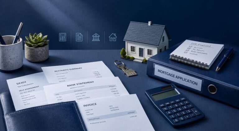 Mortgages for Self-Employed Borrowers with tax documents, accounts, bank statements, calculator, house keys and a mortgage application folder.