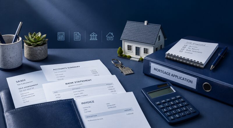 Mortgages for Self-Employed Borrowers with tax documents, accounts, bank statements, calculator, house keys and a mortgage application folder.