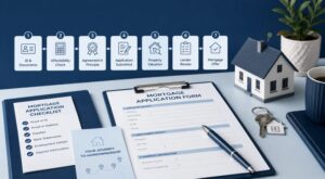 UK mortgage application process shown through documents, affordability checks, property valuation, lender review and mortgage offer stages.