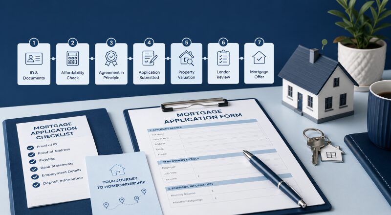 UK mortgage application process shown through documents, affordability checks, property valuation, lender review and mortgage offer stages.