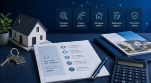 What Is a Mortgage Broker? House model, keys, mortgage paperwork and lender comparison icons on a blue adviser’s desk.