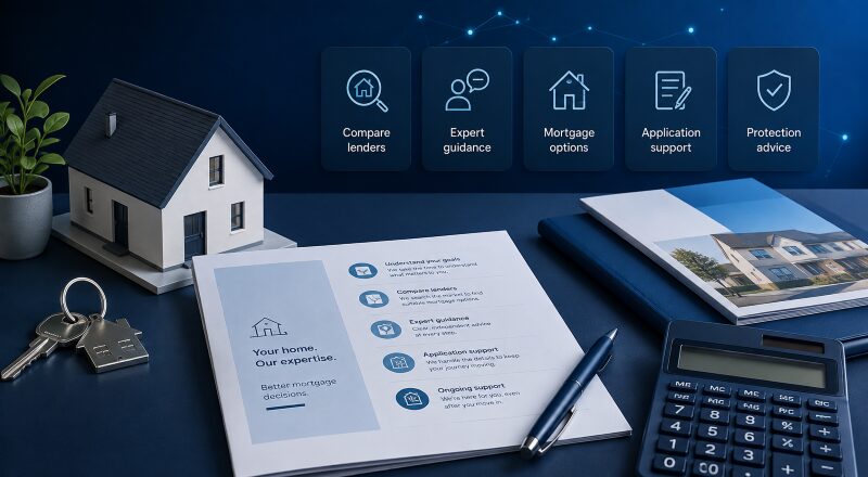 What Is a Mortgage Broker? House model, keys, mortgage paperwork and lender comparison icons on a blue adviser’s desk.