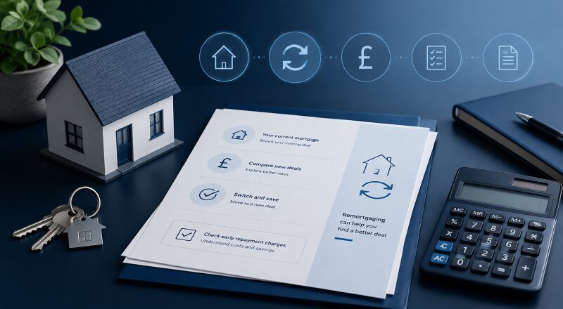 What is a Remortgage? House model, keys, mortgage paperwork and calculator illustrating the process of reviewing and switching mortgage deals.