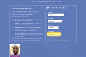 a UK mortgage adviser directory webpage with filtering options, highlighting the “Languages” dropdown set to “Esan (1)” to show availability of an Esan-speaking mortgage broker in the UK.