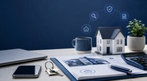 Expert mortgage brokers represented by a house model, keys, mortgage documents and professional advice icons.