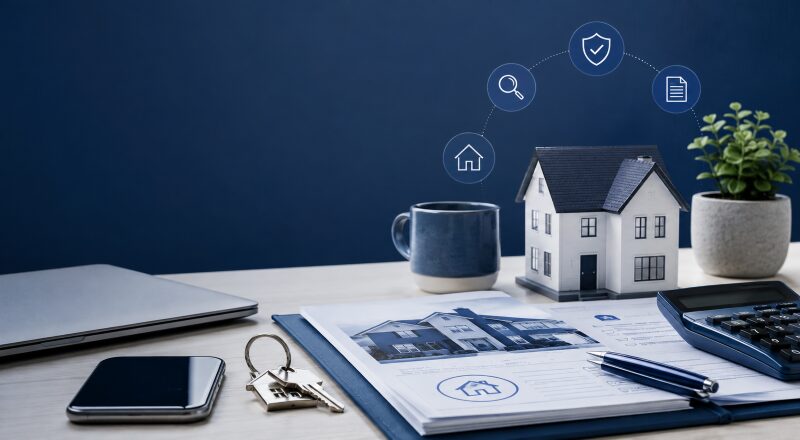 Expert mortgage brokers represented by a house model, keys, mortgage documents and professional advice icons.