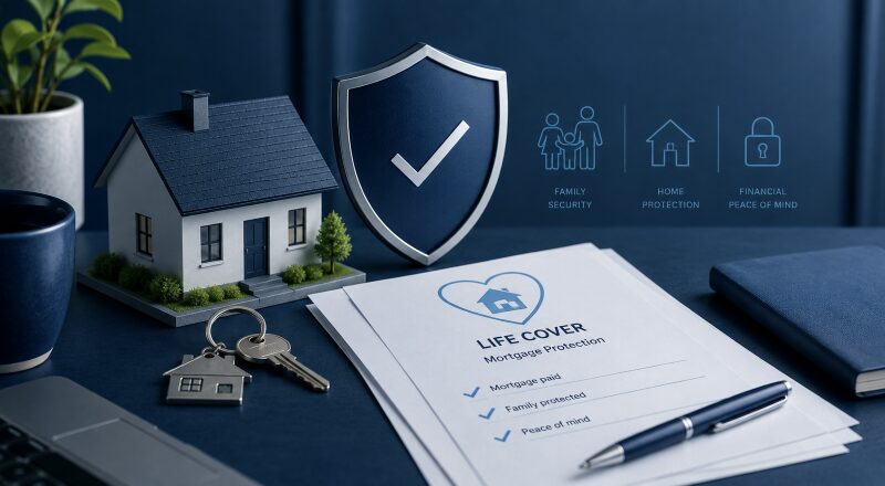 Mortgage Life Insurance UK protection concept with a model home, shield, keys and life cover documents.