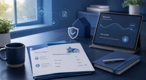 Mortgage Rate Change hero image showing a blue-toned desk with mortgage review documents, a tablet displaying rate trends, a house model, and financial icons.