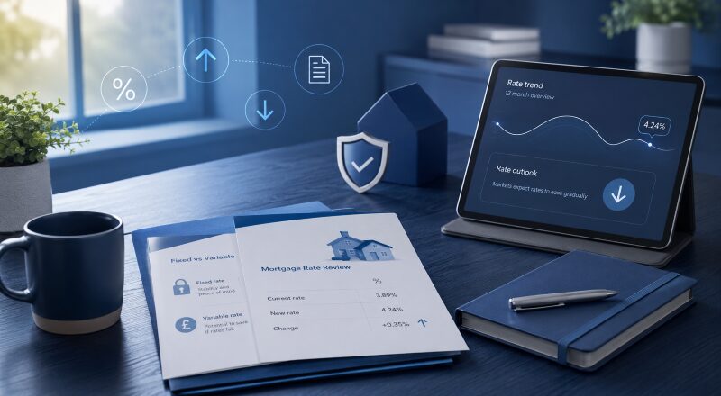 Mortgage Rate Change hero image showing a blue-toned desk with mortgage review documents, a tablet displaying rate trends, a house model, and financial icons.