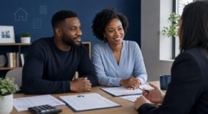 Self-Employed and Need a Mortgage? Couple discussing accounts and mortgage options with an adviser.