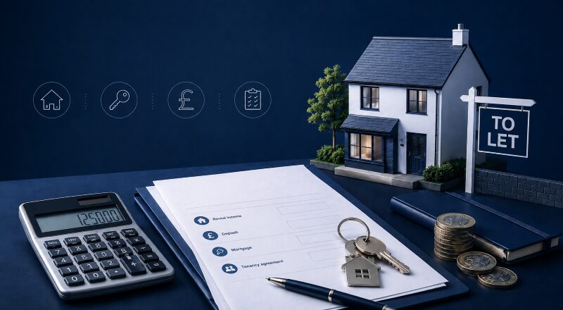 What is a Buy-to-Let Mortgage? Property model, keys, calculator and rental paperwork.