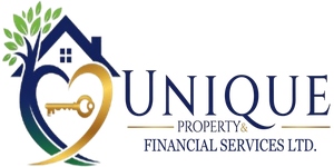 Unique Property and Financial Services Ltd logo featuring a house, tree, heart and key symbol.