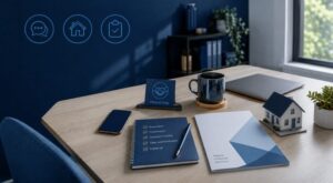 First Meeting with a Mortgage Adviser in a professional, welcoming office setting with organised documents, a house model and mortgage consultation materials.