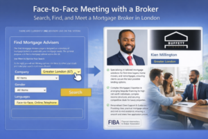 Face-to-face meeting with a mortgage broker in London showing a highlighted Greater London location filter, Kien Millington’s profile with updated Buffett Finance logo, and a couple meeting the broker in person.