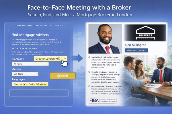 Face-to-face meeting with a mortgage broker in London showing a highlighted Greater London location filter, Kien Millington’s profile with updated Buffett Finance logo, and a couple meeting the broker in person.