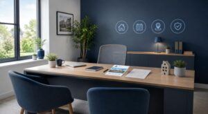 Face-to-Face Meeting with a Mortgage Broker in a modern consultation office with client chairs, property documents and mortgage-related icons.
