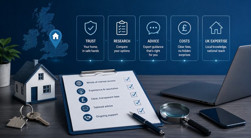 How to Choose the Right Mortgage Broker in the UK, shown through a broker comparison checklist with trust, advice, fees and expertise icons.
