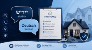 UK Mortgage Guide for Yiddish and German Speakers with multilingual mortgage, home, key and protection icons.