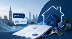 Yiddish & German Mortgage Broker in London with bilingual language icons, London landmarks, house keys and mortgage documents.
