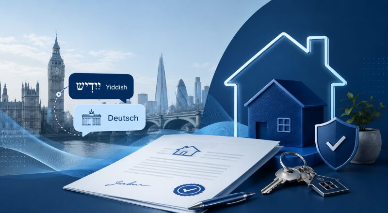 Yiddish & German Mortgage Broker in London with bilingual language icons, London landmarks, house keys and mortgage documents.