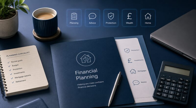 Do I Need a Financial Adviser? Financial planning desk with checklist, calculator, protection, wealth, home and advice icons.