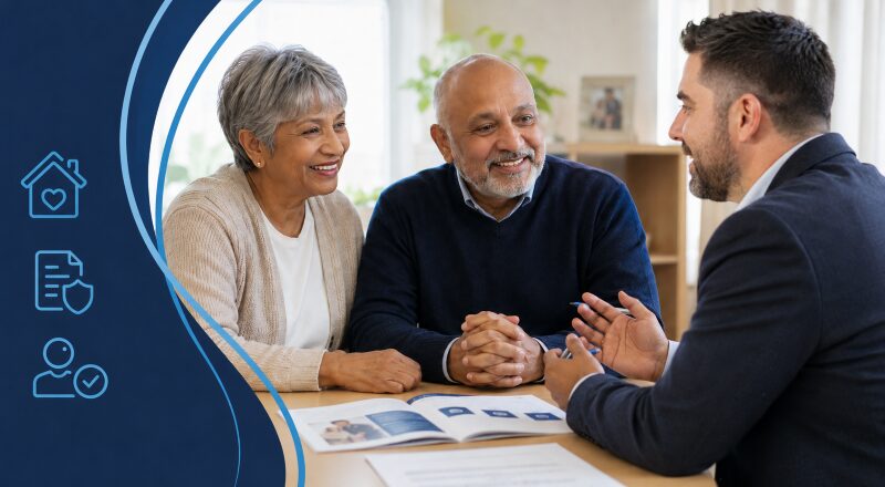 Equity Release Adviser in Upminster meeting an older couple in a bright office, discussing later life lending options with paperwork on the desk.