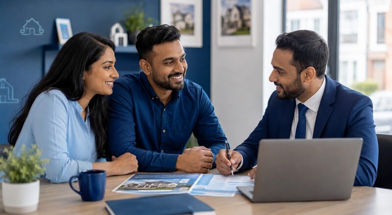 Sinhala Mortgage Broker in Romford advising a Sri Lankan couple during a friendly mortgage consultation.