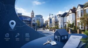 Mortgage Adviser in Ilford with local homes, property keys and mortgage guidance icons.