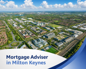 Promotional graphic showing a bright summer aerial view of Milton Keynes with tree-lined boulevards, modern buildings, and realistic white clouds under a blue sky. A white curved banner overlays the bottom of the image with blue swoosh accents on the right, and bold two-tone blue text reads, “Mortgage Adviser in Milton Keynes.”