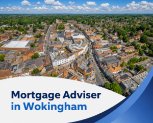 Bright summer aerial view of Wokingham town centre with curving streets, brick buildings, shops, trees and realistic clouds, with branded blue and white graphics reading “Mortgage Adviser in Wokingham”.