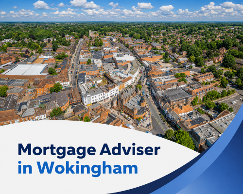 Bright summer aerial view of Wokingham town centre with curving streets, brick buildings, shops, trees and realistic clouds, with branded blue and white graphics reading “Mortgage Adviser in Wokingham”.