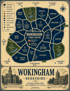 Vintage illustrated map poster of Wokingham, Berkshire, with a cream parchment background and dark navy neighbourhood areas centred on Wokingham Town Centre. The map shows labelled roads, railway line, Wokingham Station, bus station, shopping areas, schools, churches, parks, green spaces and water features. Surrounding areas include Norreys Avenue, Emmbrook, Winnersh, Sindlesham, Barkham, Easthampstead, Shute End, Holme Green and Woosehill. Key landmarks include Wokingham Town Hall, All Saints’ Church, Peacock Shopping Centre, Carnival Pool and Library, Wokingham High School, The Emmbrook School, St Crispin’s School, Cantley Park, Roundhill Park and Calcott Park. A decorative lower panel reads “WOKINGHAM, BERKSHIRE” with engraved-style illustrations of Wokingham Town Hall and All Saints’ Church, plus the subtitle “A historic market town with community at its heart.”