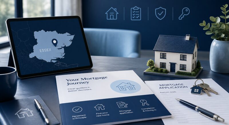 Mortgage Advisers in Essex – mortgage application documents, house model, keys and an Essex location map in a professional blue office setting.